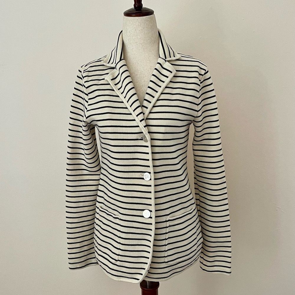 Chaps Striped Knit Blazer Jacket Cream Navy Women’s Small Preppy